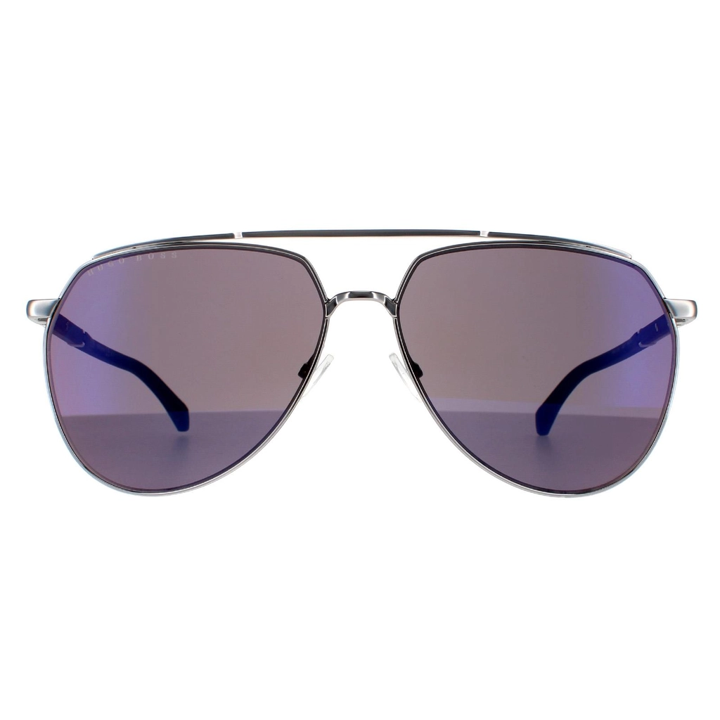 Hugo Boss Aviator Mens Ruthenium Blue Sky Mirror Sunglasses - Grey Metal - One Size